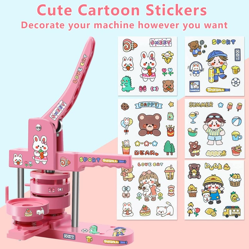 Happizza Button Maker Machine Multiple Sizes, Pin Maker Machine 1+2.25 inch, Badge Button Press Machine with Cute Stickers and 200 Sets Button Making Supplies&Circle Cutter for Girls Women(Pink) - Image 3